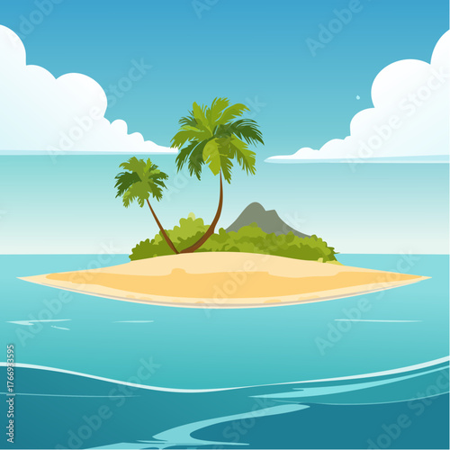 Scenic vista of a tropical atoll with clear waters and sandy shores under a bright blue sky