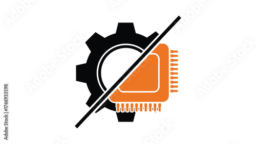 Flat vector of a gear merged with a microchip, split diagonally into black and orange, pure white background, bold and balanced design.
