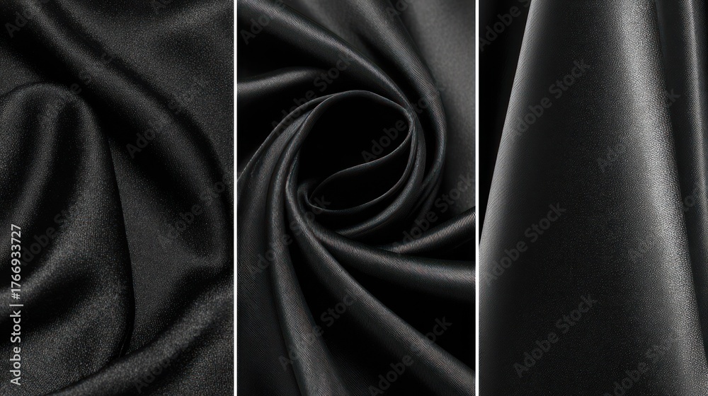 Obraz premium Noir Fabric Triptych: A Sensual Study of Flowing Satin and Textured Folds