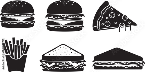 Iconic fast food silhouettes featuring burgers fries pizza and sandwiches