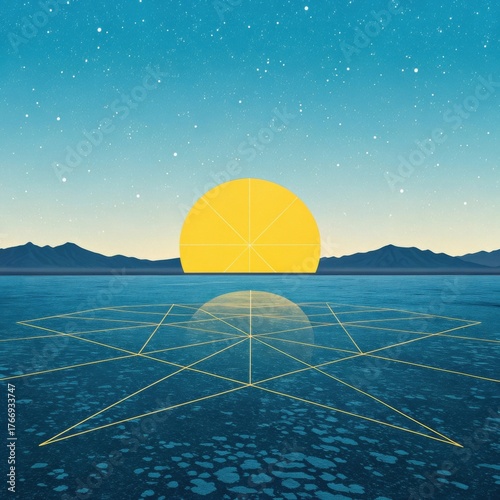 A vibrant yellow sunset reflecting on a geometric water landscape