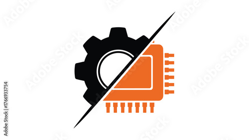Flat vector of a gear merged with a microchip, split diagonally into black and orange, pure white background, bold and balanced design.