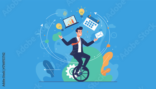 Dynamic illustration of a businessman skillfully balancing on a unicycle while juggling essential business elements like a laptop with charts, a calendar, light bulbs representing ideas, and an