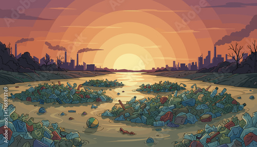 Vibrant sunset casts an orange glow over a polluted river choked with plastic waste, bottles, and debris, with a city skyline and industrial factories emitting smoke in the background, illustrating
