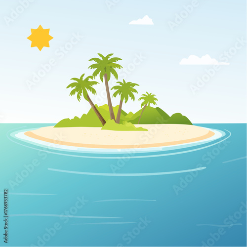 Scenic vista of a tropical atoll with clear waters and sandy shores under a bright blue sky