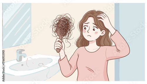 A worried young woman stands in a bathroom, holding a hairbrush filled with fallen hair and touching her scalp, illustrating the common problem of hair loss and thinning, a concern for many