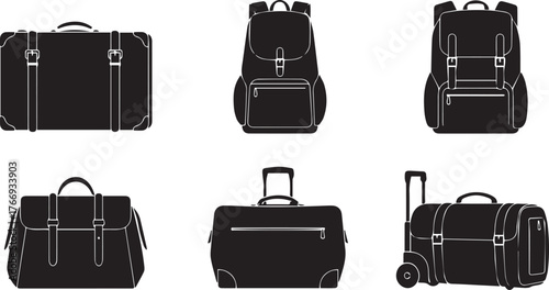 Collection of silhouette luggage and backpacks for travel and adventure journeys