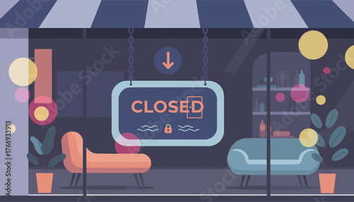 Vivid illustration of a "CLOSED" sign hanging outside a modern shop or restaurant, featuring a locked padlock icon and wavy lines, with interior furniture and plants visible through the window