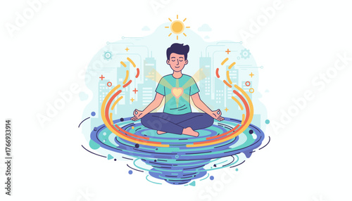 Serene young man meditating in lotus pose, surrounded by swirling energy vortex and abstract cityscape, symbolizing stress relief, inner peace, and mental clarity in a modern urban environment