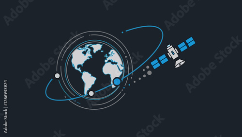 Flat vector of a satellite orbiting a globe, pure white background, space-tech minimalism.