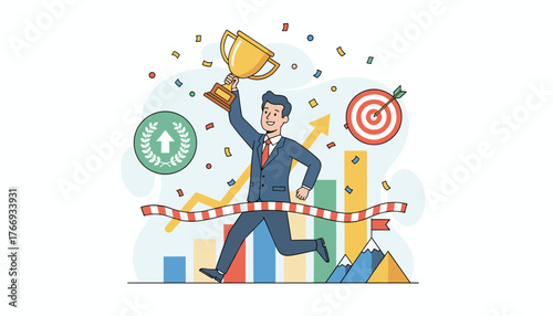 Successful businessman crossing the finish line holding a trophy, celebrating victory with confetti and a target in the background, symbolizing achievement, growth, and reaching goals in business and