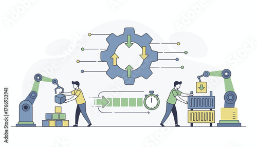 Modern industrial automation concept illustrating the integration of robotic arms and human workers in a streamlined production line, emphasizing cost reduction and optimized time efficiency with a
