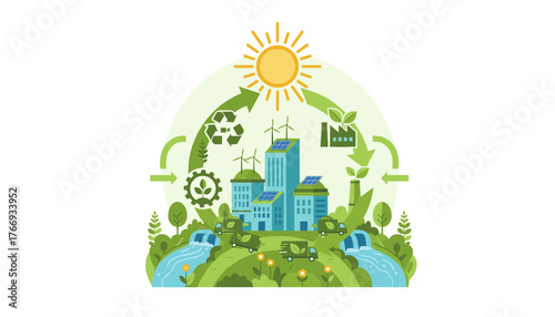 Vibrant illustration depicting the interconnectedness of sustainable development goals, showcasing clean energy sources like solar panels and wind turbines powering a city, with recycling symbols