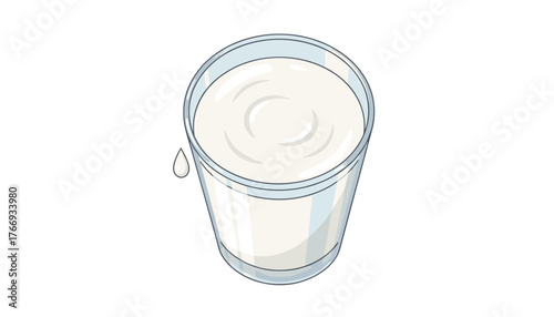A refreshing glass of creamy white milk, depicted from a top-down perspective, with a single droplet of milk escaping the rim, set against a clean, pristine white background, symbolizing purity and