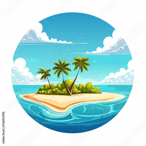 Scenic vista of a tropical atoll with clear waters and sandy shores under a bright blue sky
