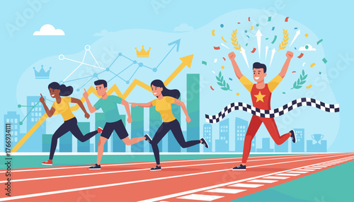 Vivid modern flat illustration depicting the concept of success and achievement in business and sports, with runners crossing the finish line amidst confetti and charts symbolizing growth and