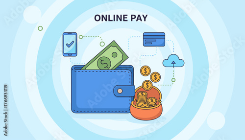 Vibrant vector illustration depicting a blue wallet overflowing with a dollar bill and coins, symbolizing online payment transactions, alongside a smartphone with a checkmark, a credit card, and a