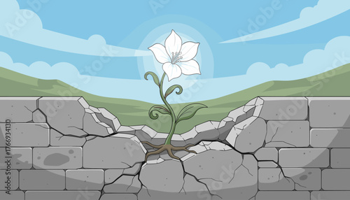 Symbol of resilience and hope, a delicate white flower with vibrant green leaves and roots emerges triumphantly through a heavily cracked and broken stone wall, set against a backdrop of rolling