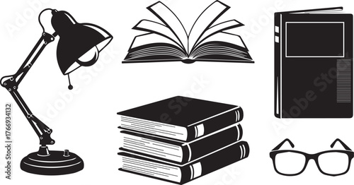 Study still life icons silhouette desk lamp stacked books open book glasses and closed book