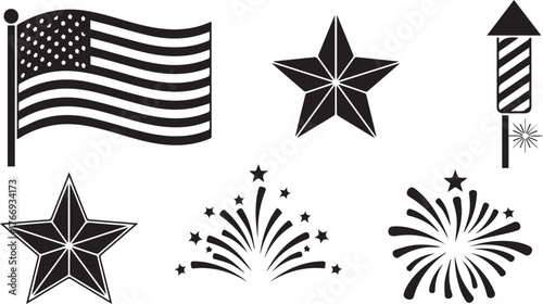 American flag stars fireworks and rocket silhouette set for patriotic celebration designs