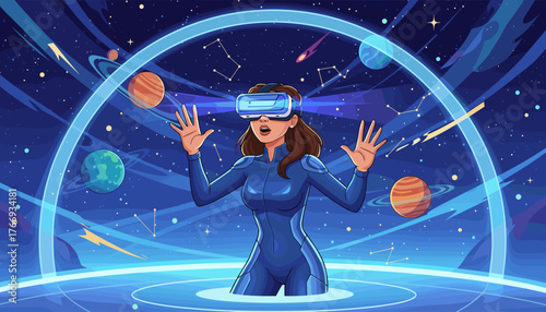 Astonished woman wearing a VR headset immersed in a stunningly realistic virtual reality planetarium, surrounded by glowing constellations, planets, and shooting stars, representing the future of