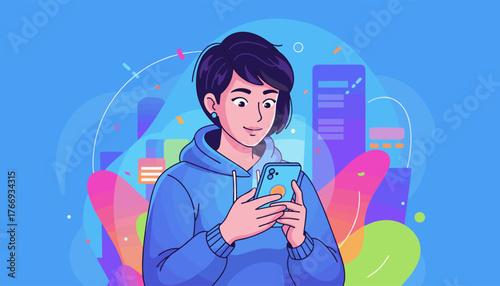 Vibrant illustration of a young woman engrossed in her smartphone, bathed in the colorful glow of city lights at night, surrounded by abstract shapes and confetti, symbolizing connection and modern