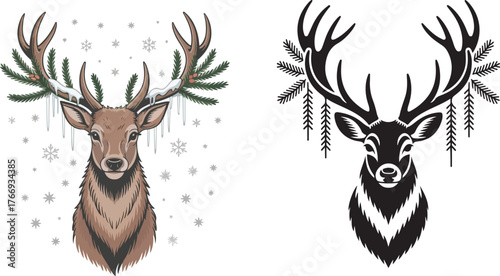 christmas reindeer head with antlers and pine branches vector design