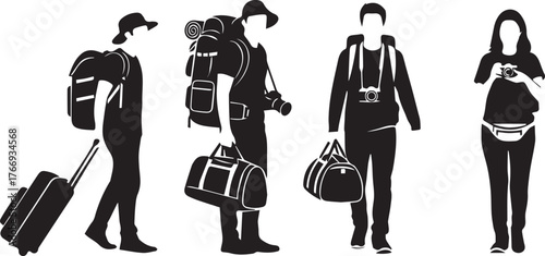 Diverse travelers silhouette with luggage ready for adventure and journeys