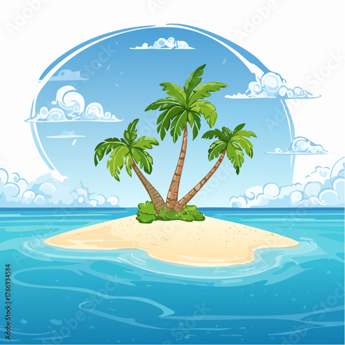 Scenic vista of a tropical atoll with clear waters and sandy shores under a bright blue sky