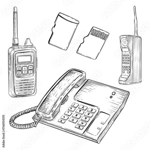 Vintage communication devices vector line art hand drawn illustration