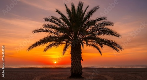 Palm tree silhouetted against a vibrant sunset sky over a beach. Warm colors dominate the scene