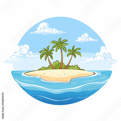 Scenic vista of a tropical atoll with clear waters and sandy shores under a bright blue sky