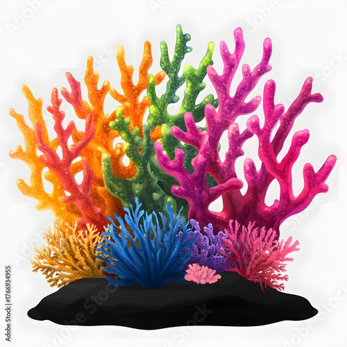 Vibrant artificial coral reef cluster with blue pink and yellow colors isolated on transparent background