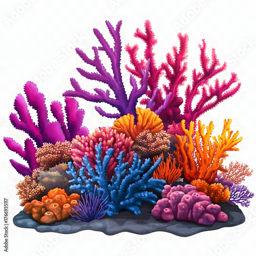 Vibrant artificial coral reef cluster with blue pink and yellow colors isolated on transparent background