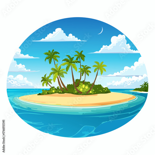 Scenic vista of a tropical atoll with clear waters and sandy shores under a bright blue sky