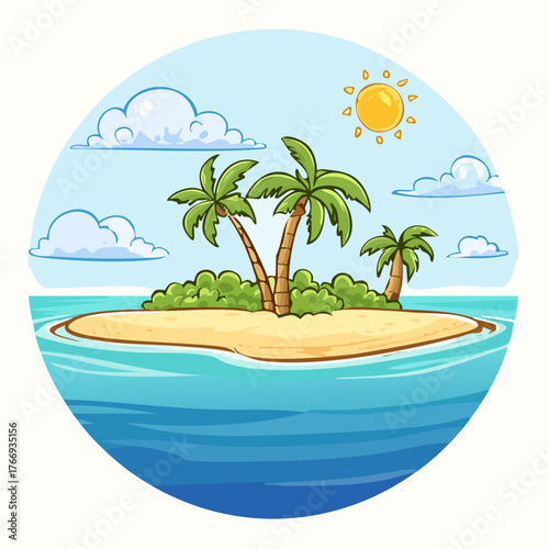 Scenic vista of a tropical atoll with clear waters and sandy shores under a bright blue sky