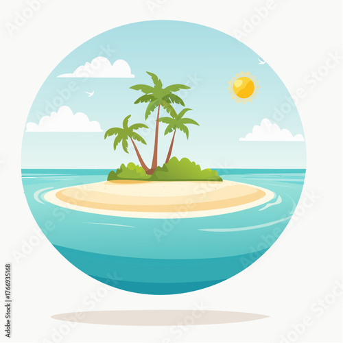 Scenic vista of a tropical atoll with clear waters and sandy shores under a bright blue sky