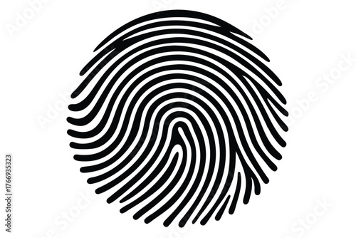 Black and white fingerprint presents unique curves and circular patterns on a clean background