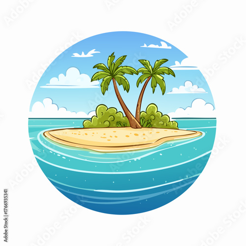 Scenic vista of a tropical atoll with clear waters and sandy shores under a bright blue sky