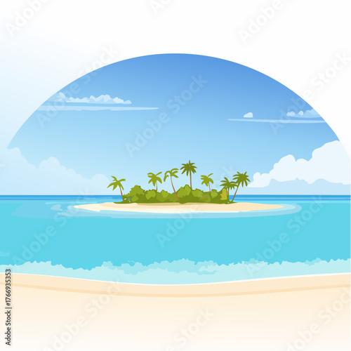 Scenic vista of a tropical atoll with clear waters and sandy shores under a bright blue sky