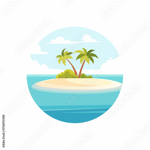 Scenic vista of a tropical atoll with clear waters and sandy shores under a bright blue sky