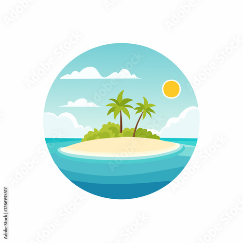 Scenic vista of a tropical atoll with clear waters and sandy shores under a bright blue sky