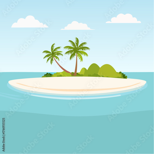Scenic vista of a tropical atoll with clear waters and sandy shores under a bright blue sky