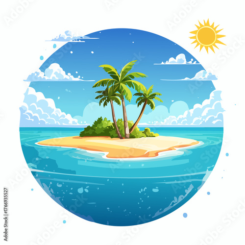 Scenic vista of a tropical atoll with clear waters and sandy shores under a bright blue sky
