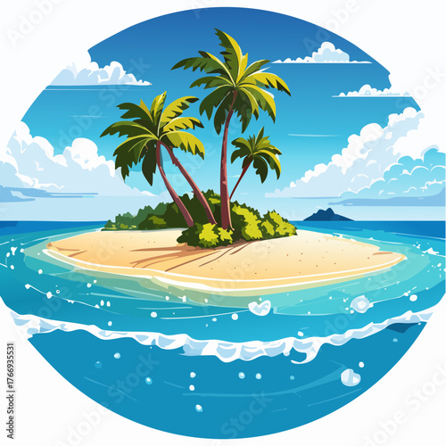 Scenic vista of a tropical atoll with clear waters and sandy shores under a bright blue sky