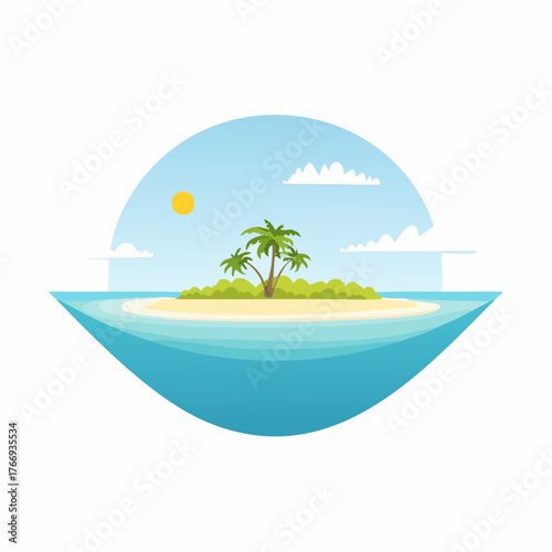 Scenic vista of a tropical atoll with clear waters and sandy shores under a bright blue sky