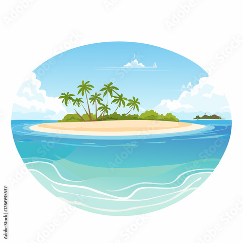 Scenic vista of a tropical atoll with clear waters and sandy shores under a bright blue sky