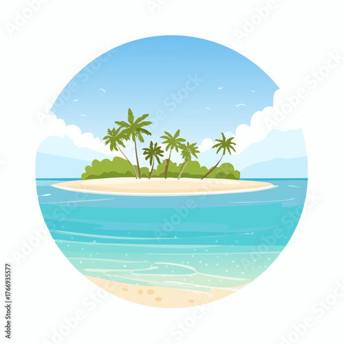 Scenic vista of a tropical atoll with clear waters and sandy shores under a bright blue sky