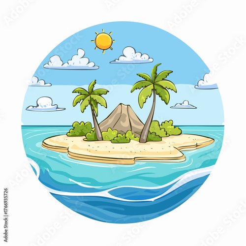 Scenic vista of a tropical atoll with clear waters and sandy shores under a bright blue sky