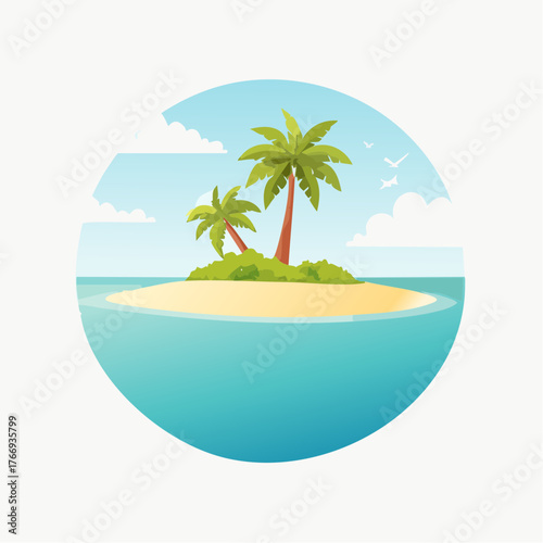 Scenic vista of a tropical atoll with clear waters and sandy shores under a bright blue sky